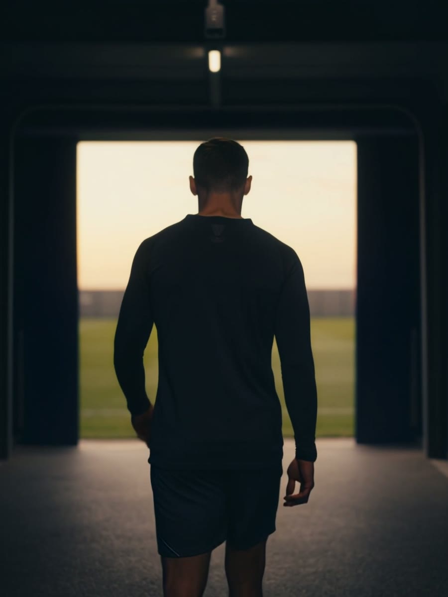A footballer walking alone down a stadium tunnel toward the light.