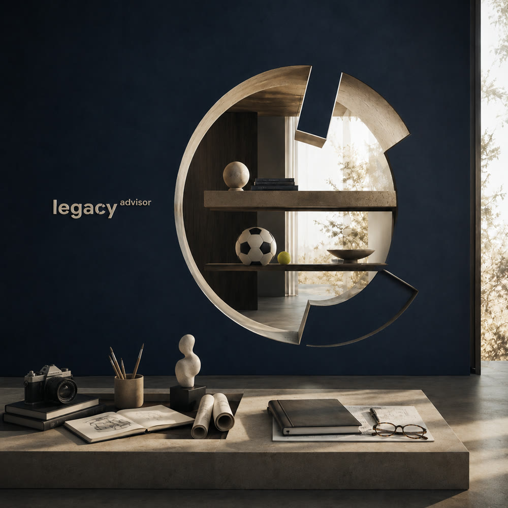 The Legacy Advisor mark built as a shelving unit set into a navy wall, its cut opened out to hold a football, a tennis ball, books and a stone bowl, with daylight behind it.