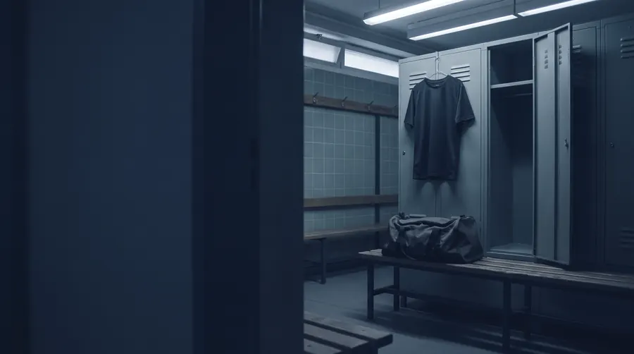 An empty dressing room at night, one shirt left hanging in an open locker.