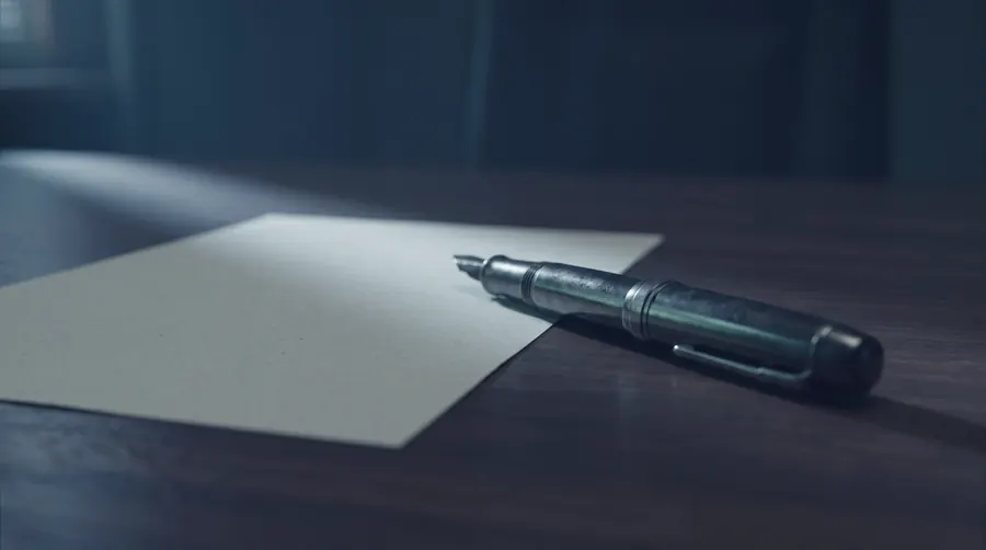 A single unsigned sheet and a fountain pen on a dark desk, under one low shaft of light.