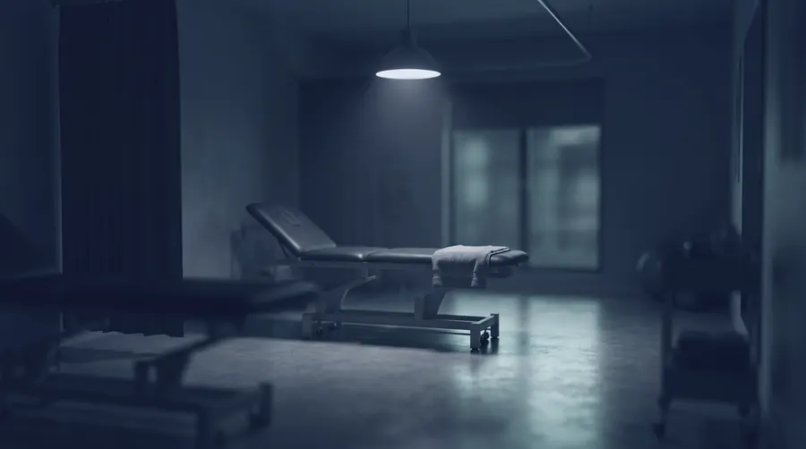 An empty treatment room at night, one bare padded table under a single cold lamp.