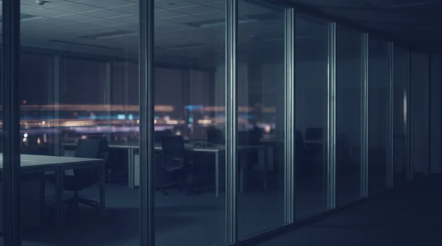 A dark, emptied office floor at night behind glass, city light streaking across the reflection.
