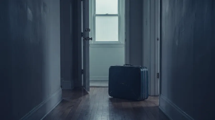 The hallway of an empty apartment at dawn, a door left ajar and one packed case on the floor.